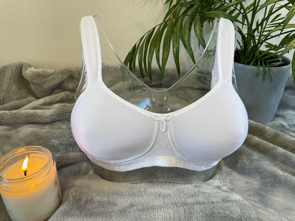 Front on picture of our wire-free mastectomy bra, Julie. Julie is a white bra designed for comfort and support.