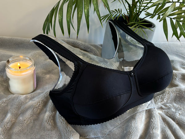 Side on picture of our wire-free mastectomy bra, Diana. Diana is a black bra designed for comfort and support.