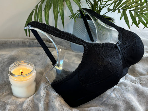 Side on picture of our wire-free mastectomy bra, Lola. Lola is a black bra designed for comfort and support.