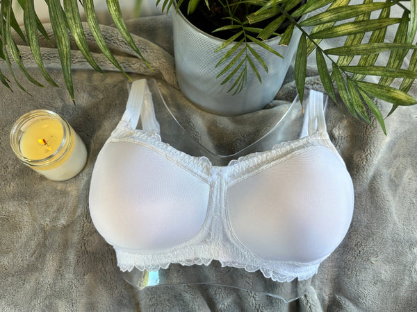 Front on picture of our wire-free mastectomy bra, Sophie. Sophie is a white bra designed for comfort and support.