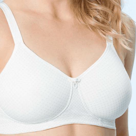 Anna Pocketed Wire-Free Mastectomy Bra in white with a smooth moulded cup, seamless silhouette, and adjustable straps. Stylish and comfortable design for post-surgery support.