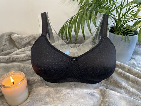 Front on picture of our wire-free mastectomy bra, Anna. Anna is a black bra designed for comfort and support.