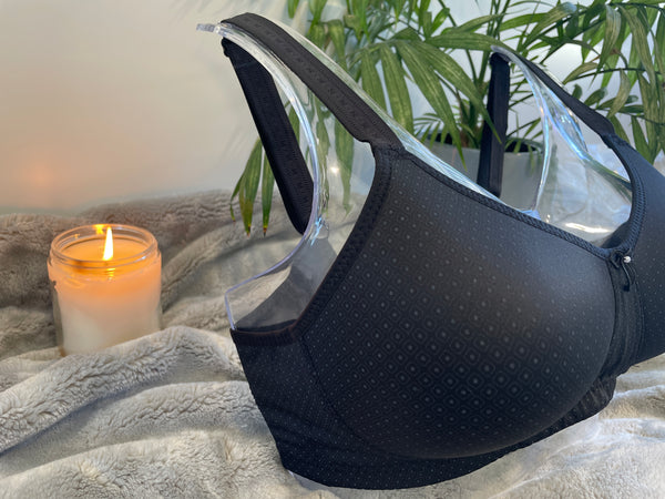 Anna Pocketed Wire-Free Mastectomy Bra in black with a stylish print, featuring smooth moulded cups, adjustable straps, and side support. 