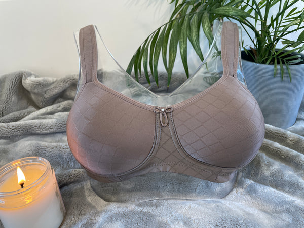 Front on picture of our wire-free mastectomy bra, Julie. Julie is a taupe bra designed for comfort and support.
