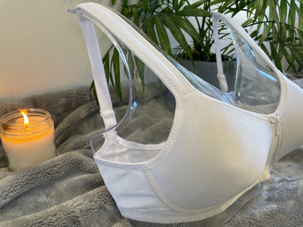 Side on picture of our wire-free mastectomy bra, Julie. Julie is a white bra designed for comfort and support.