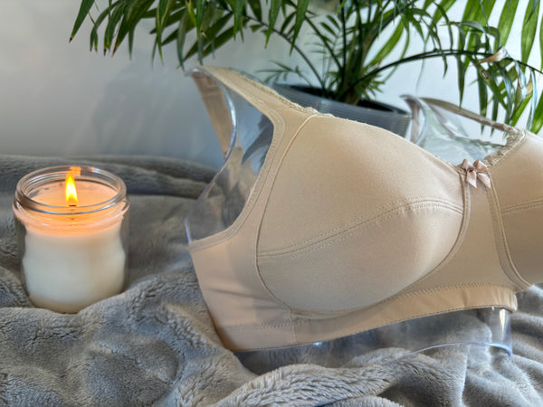 Side on picture of our wire-free mastectomy bra, Diana. Diana is a skin coloured bra designed for comfort and support.