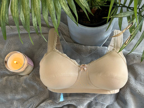 Front on picture of our wire-free mastectomy bra, Diana. Diana is a skin coloured bra designed for comfort and support.