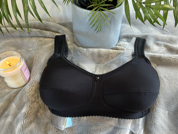 Front on picture of our wire-free mastectomy bra, Diana. Diana is a black bra designed for comfort and support.
