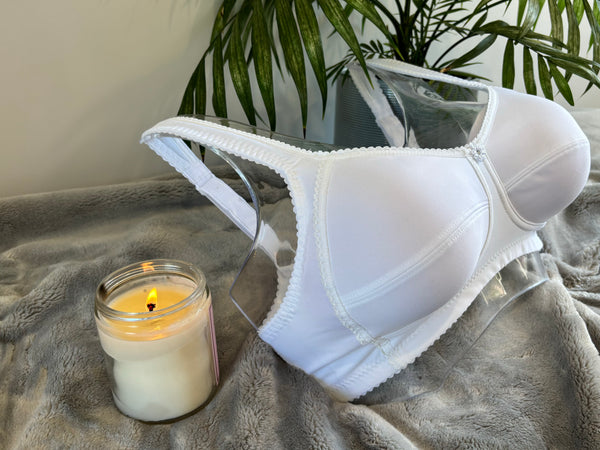Side on picture of our wire-free mastectomy bra, Diana. Diana is a white bra designed for comfort and support.