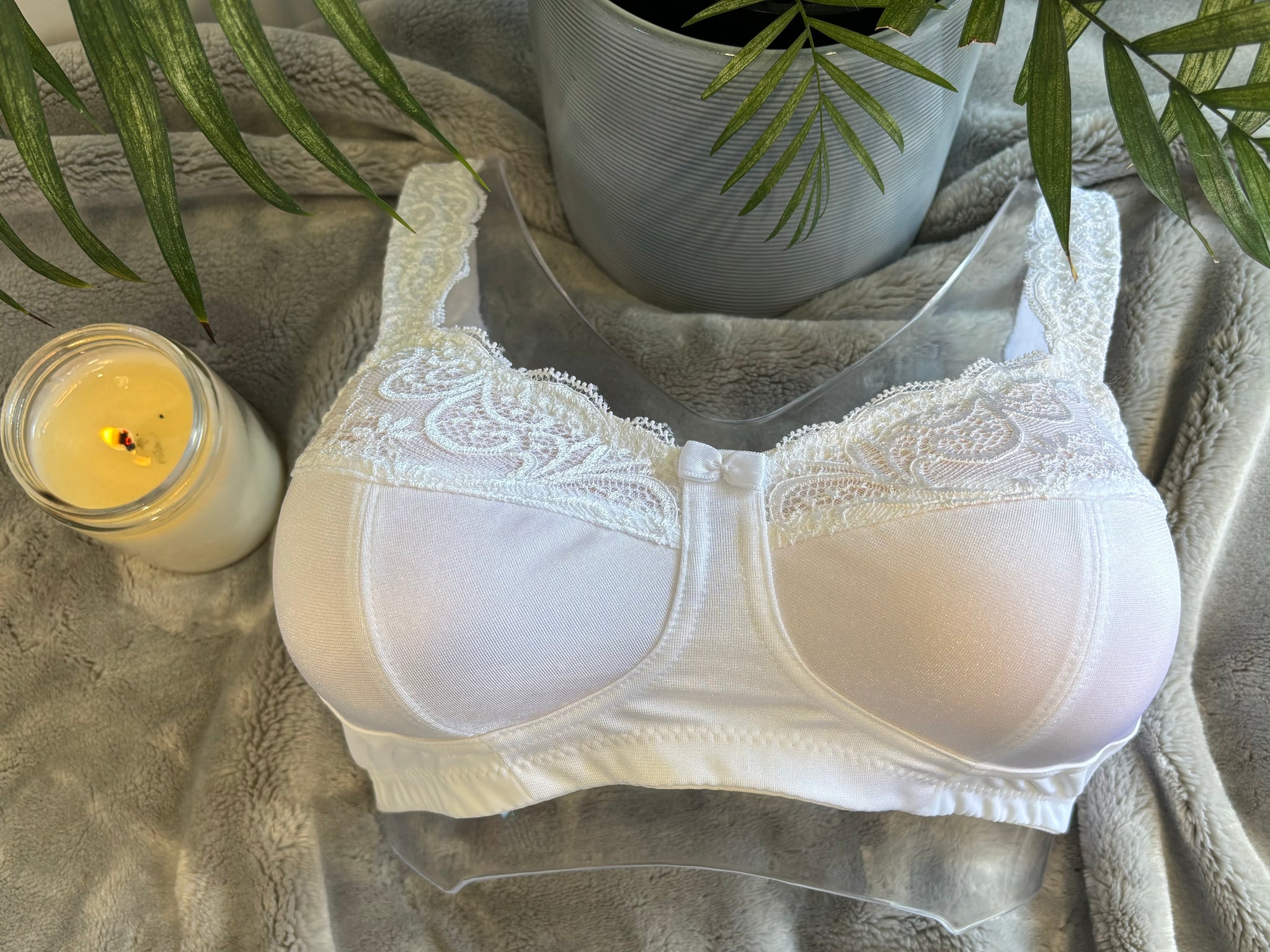 Front on picture of our wire-free mastectomy bra, Lola. Lola is a white bra designed for comfort and support.