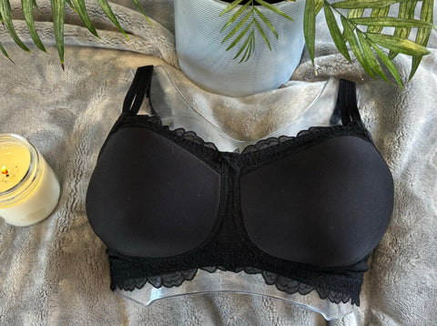 Sophie Wire-Free Mastectomy Bra in black with moulded cups, lace detailing, and adjustable straps.