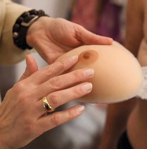 Breast prosthesis nipple with skin-friendly adhesive, featuring customizable areola sizes (40mm or 52mm) and nipple diameters (9mm or 12mm).