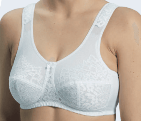 Victoria wire-free pocketed bra in white with elegant lace detailing, offering firm support and adjustable straps for comfort.